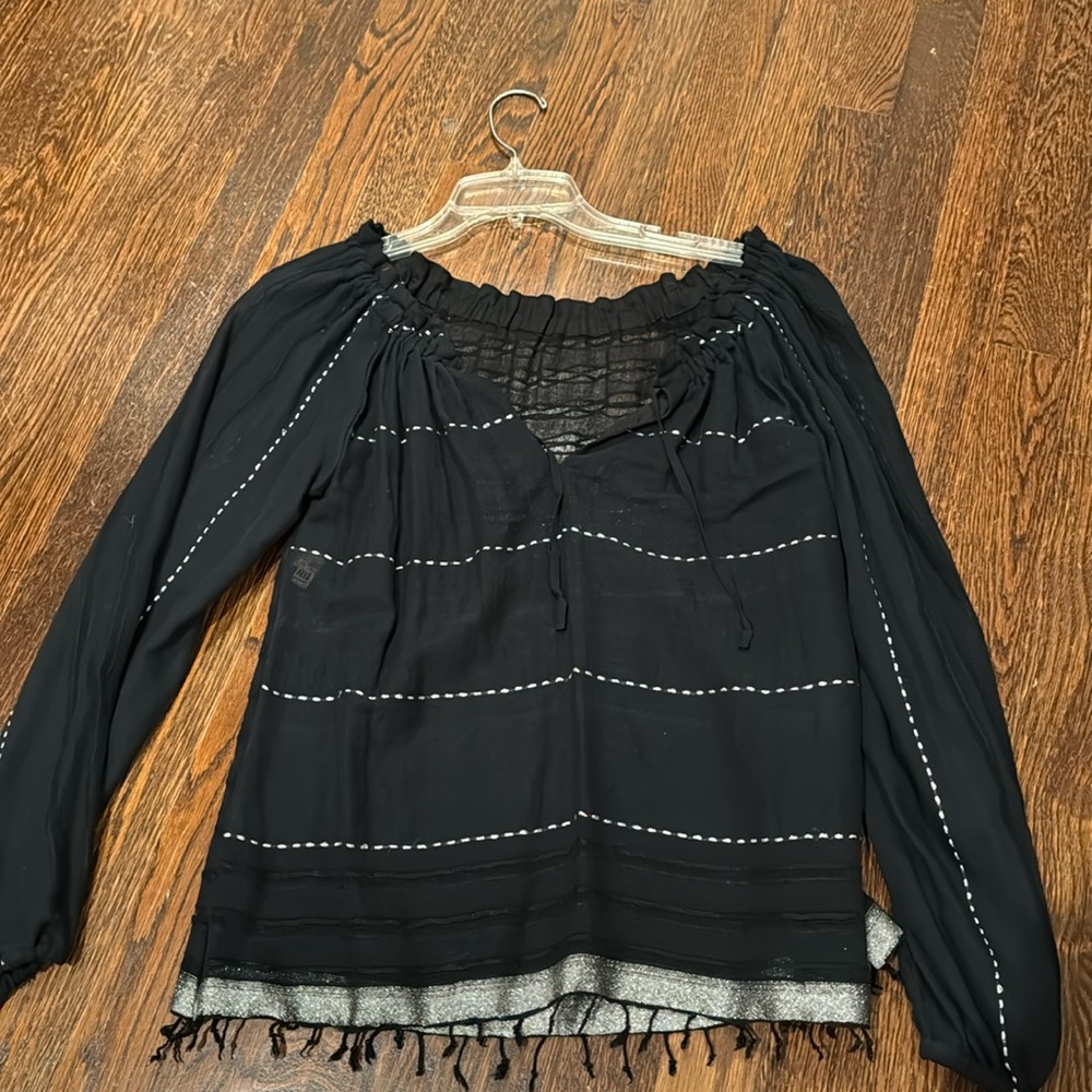 Lemlem Tikuri Blouse Cotton Gauze Fringed Hem Black and Silver XS - Never worn